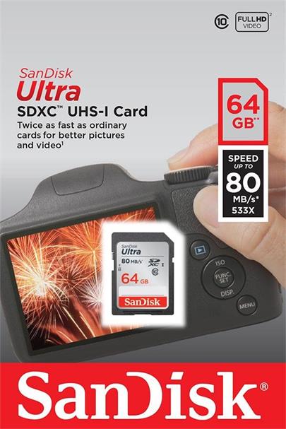 SanDisk Ultra paměťová karta SDXC 64GB čtení: až 80MB/s Class 10 UHS-I