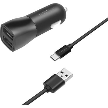 Set autonabíječky FIXED s 2xUSB výstupem a USB/USB-C kabelu, 1 metr, 15W Smart Rapid Charge, černá