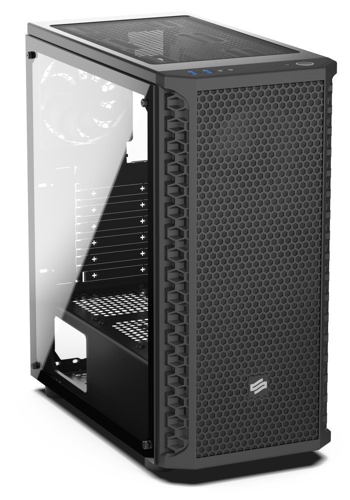 SilentiumPC skříň MidT Signum SG1 TG / 2x USB 3.0 / 2x 120mm fan / perforované čelo / bočnice z tvrzeného skla/ černá