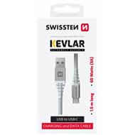 SWISSTEN DATOVÝ KABEL KEVLAR USB / USB-C 1,5 M BÍLÝ