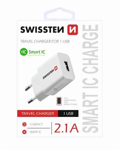SWISSTEN TRAVEL CHARGER SMART IC WITH 1x USB 2,1A POWER WHITE