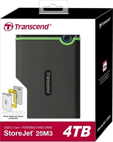 TRANSCEND 4TB StoreJet 25M3S SLIM, 2.5”, USB 3.0 (3.1 Gen 1) Externí Anti-Shock disk, tenký profil, šedo/zelený