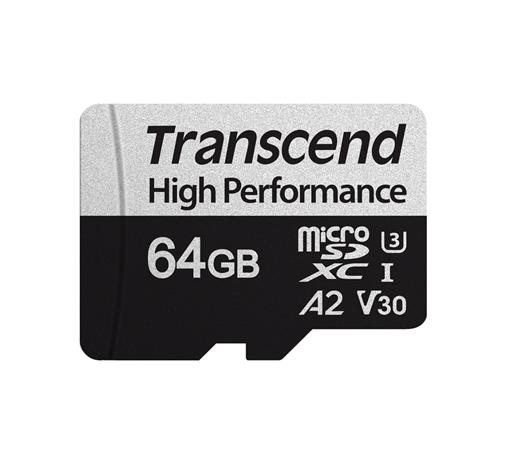 Transcend 64GB microSDXC 330S UHS-I U3 V30 A2 (Class 10) paměťová karta (bez adaptéru), 100MB/s R, 60MB/s W