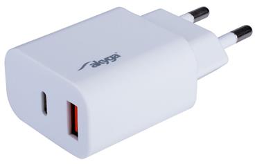 TRX Akyga AK-CH-12 USB nabíječka 220V/ 5-12V/ 18W/ USB-C + USB-A/ PD 3.0/ QC 3.0/ AFC/ FCP/ Apple 2.4A/ PPS/ bílá