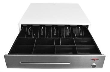 Virtuos pokladní zásuvka C430C, 9-24V, s kabelem, kovové držáky bankovek, nerez. panel, bílá