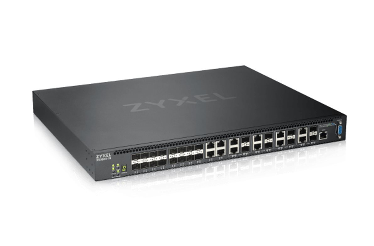 Zyxel XS3800-28, 28-port 10GbE L2+ Switch, MultiGig, 12x 10G Copper, 8x 10G dual pers., 8x 10G SFP+. Dual PSU